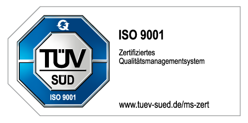Logo TÜV Süd - ISO 9001 Zertifiziertes Qualitätsmanagementsystems; www.tuev-sued.de/ms-zert